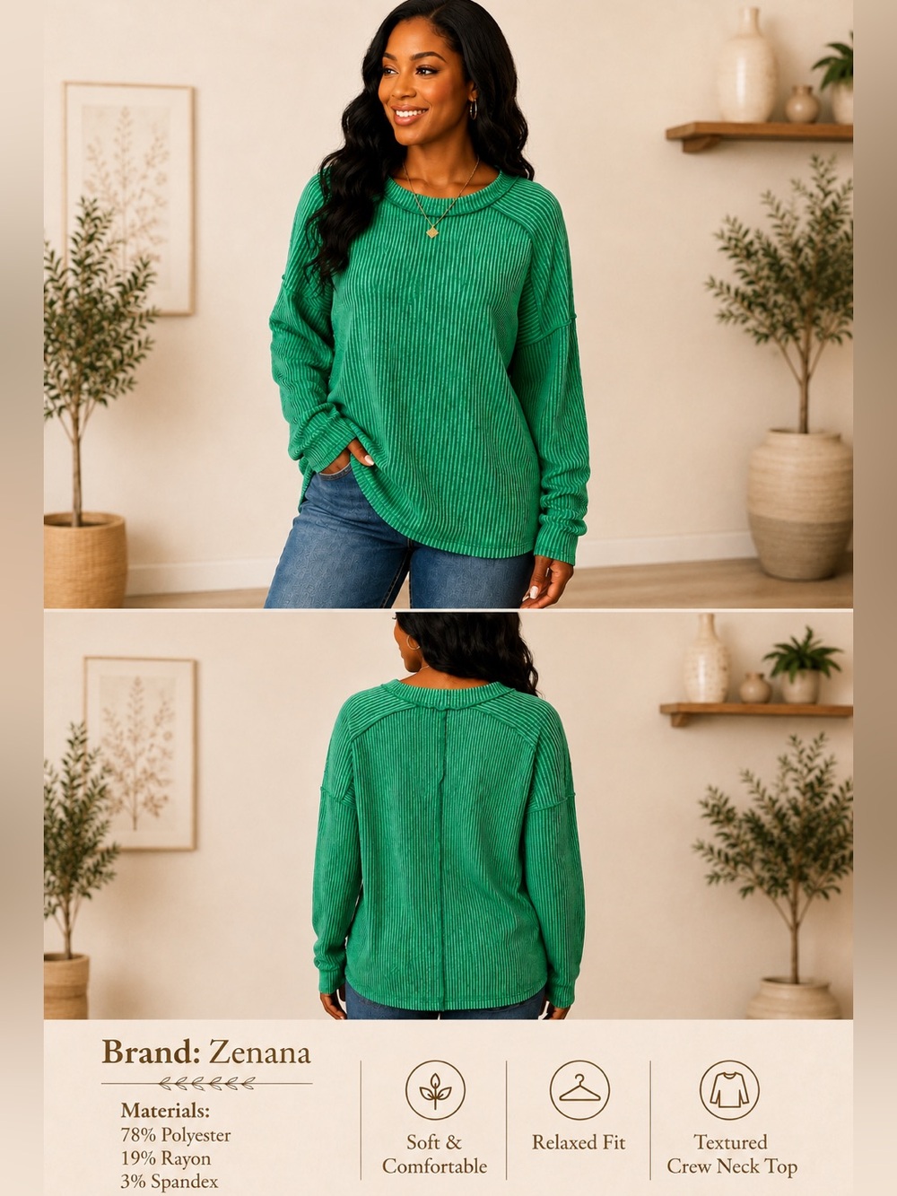 Zenana Ribbed Long Sleeve - Kelly Green